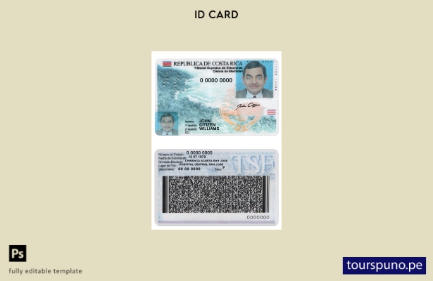 Plantilla versión cédula de identidad de Costa Rica lista para imprimir